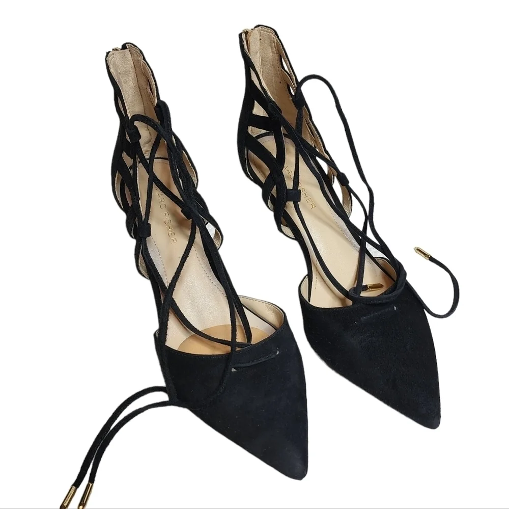 Marc Fisher Black Leather Suede Truthe Lace-up Pointed Toe Pumps Size 7.5